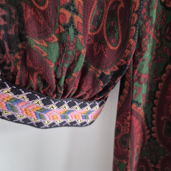 ZARA Jacquard Ribbon Dress , Long Sleeve Midi, Deep Green & Burgundy , Boho XS - Picture 5 of 15